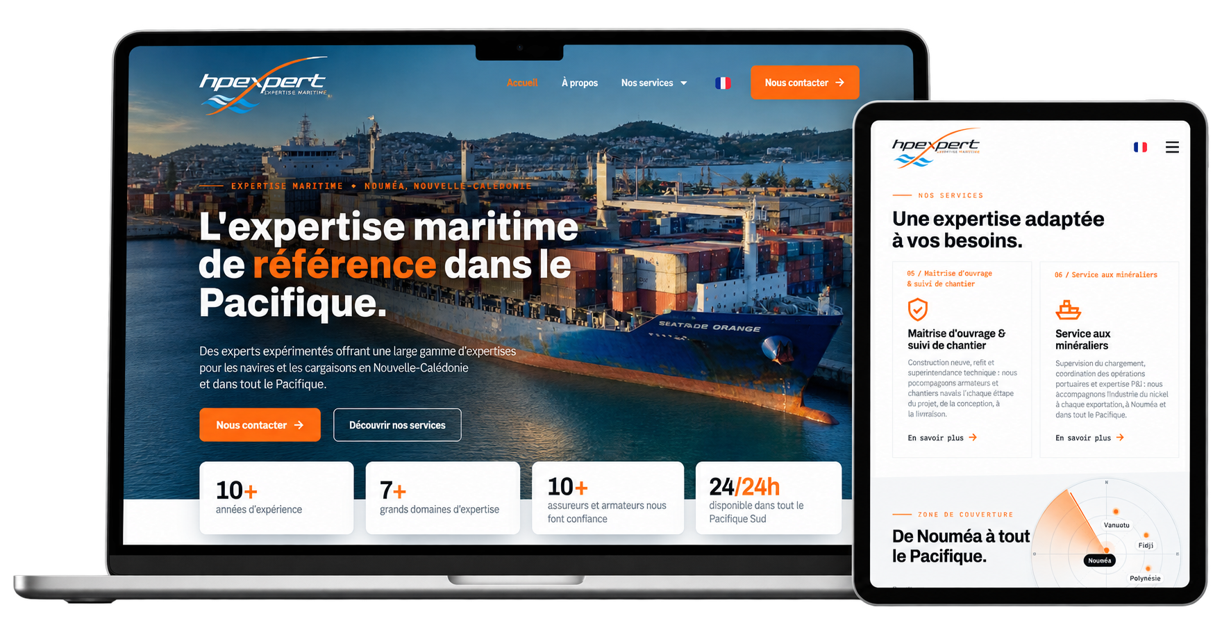 Site vitrine HP Expert, cabinet d'expertise maritime à Nouméa, Nouvelle-Calédonie, réalisé par One Shot — affichage ordinateur et tablette
