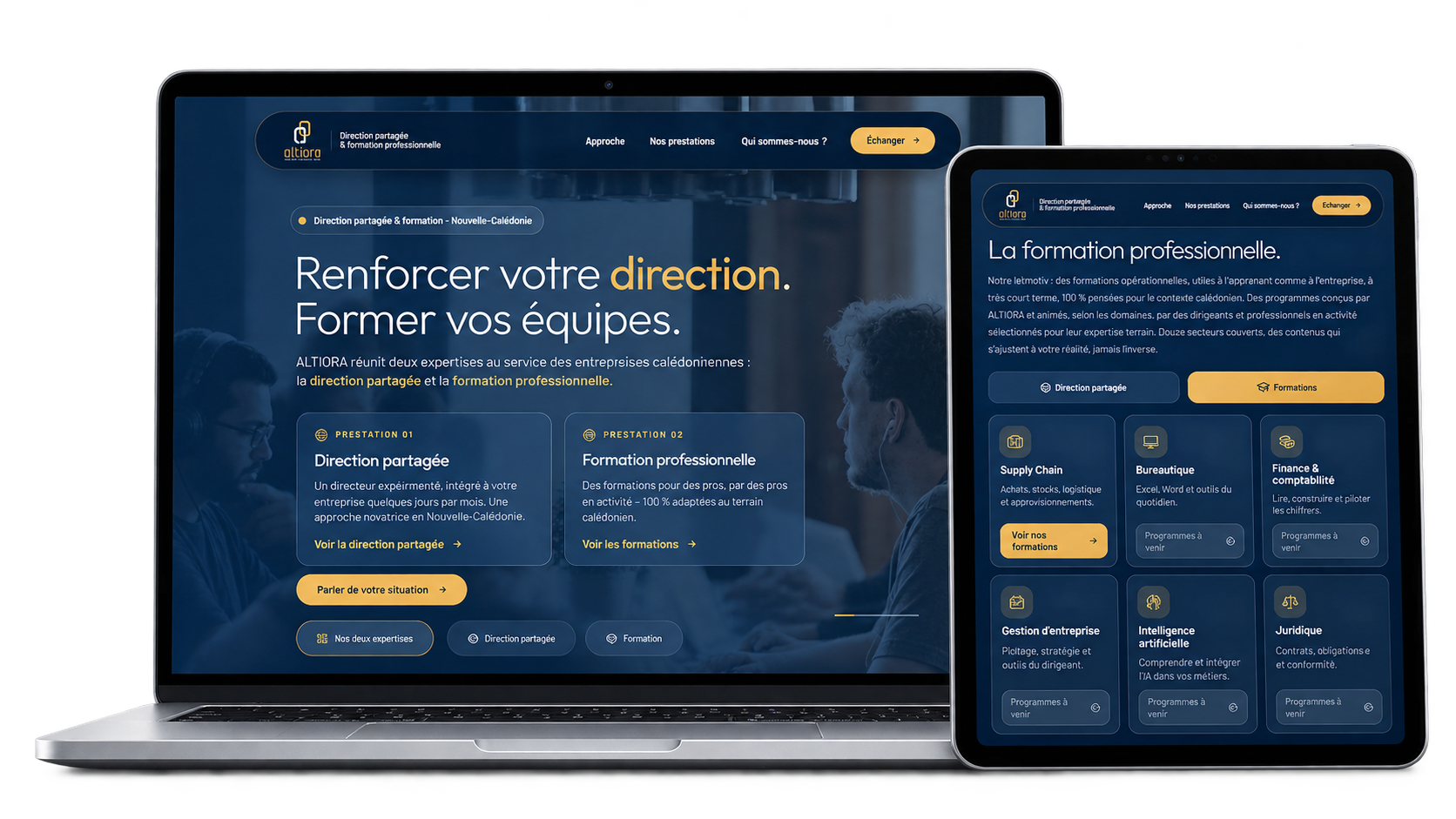 Site vitrine Altiora, direction partagée et formation professionnelle à Nouméa, Nouvelle-Calédonie, réalisé par One Shot — affichage ordinateur et tablette