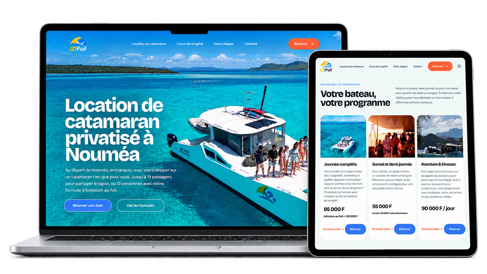 Site de location de catamaran et réservation en ligne IZIFoil à Nouméa, Nouvelle-Calédonie, réalisé par One Shot — affichage ordinateur et tablette